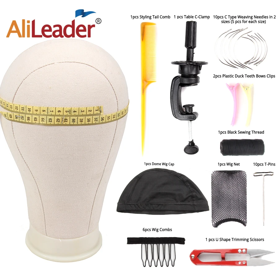 AliLeader 11 PCS Wig Making Kit Canvas Block Head With Stand Mannequin Head Diy Dome Wig Cap Combs Needles T pins Thread Clamp
