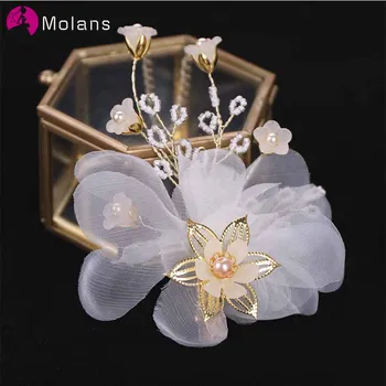 

MOLANS Small Yarn Flower Golden Leaf Hairpins for Bridal Wedding Single Pearl Handmade Alloy Hair Clips for Temperament Women