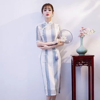 

Long Style Chinese Female Summer Daily Qipao Elegant Lace Slim Evening Party Dress Classic Mandarin Collar Cheongsam Vestidos
