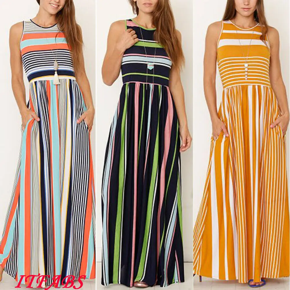 

Boho Style Women Lady Loose O-Neck Tank Sleeve Pleated A-Line Tops Sleeveless Striped Casual T-Shirt Long Maxi Dress