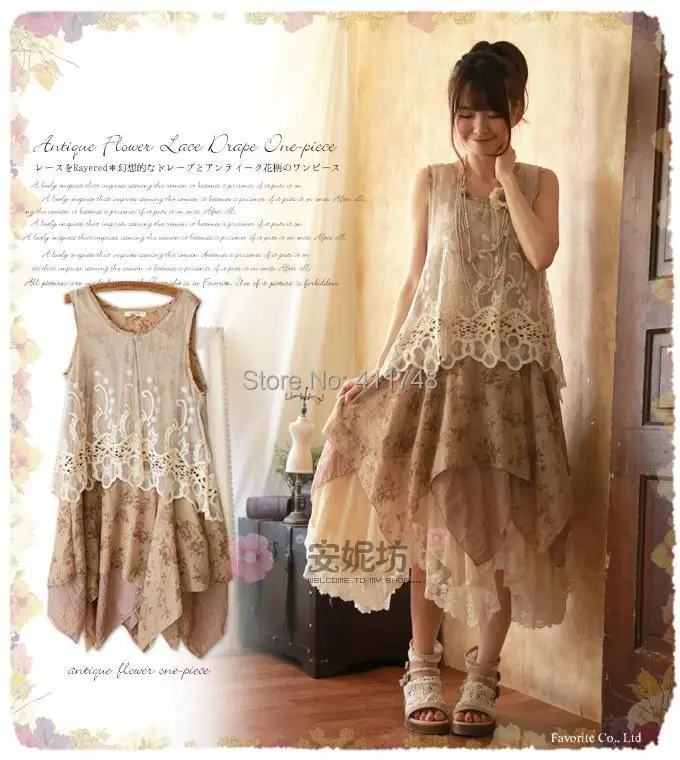 

Mori Girl Lolita Cute Lace Embroidery Dress Sarafan Flower Print Women Summer Tank Dress Robe Ropa Mujer Tunique Hippie Boho