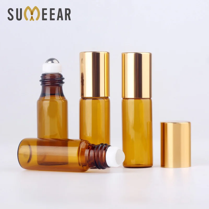 

100Pcs/Lot 5ml Rollerball Essential Oil Bottles Gold cap Roller Refillable Bottle Brown Protected From Light Smear Glass Bottle