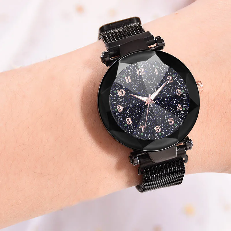 

1 Pcs Women Quartz Watch Starry Sky Dial with Magnetic Buckle Alloy Mesh Band NGD88