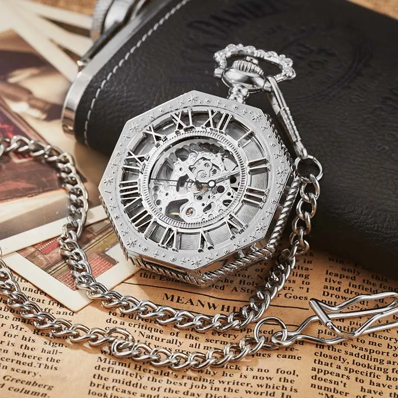 Шестиугольные Механические карманные часы золотистого, серебряного, бронзового цвета с цепочкой Fob с коробкой для мужчин и женщин, женские часы, мужские винтажные подарки