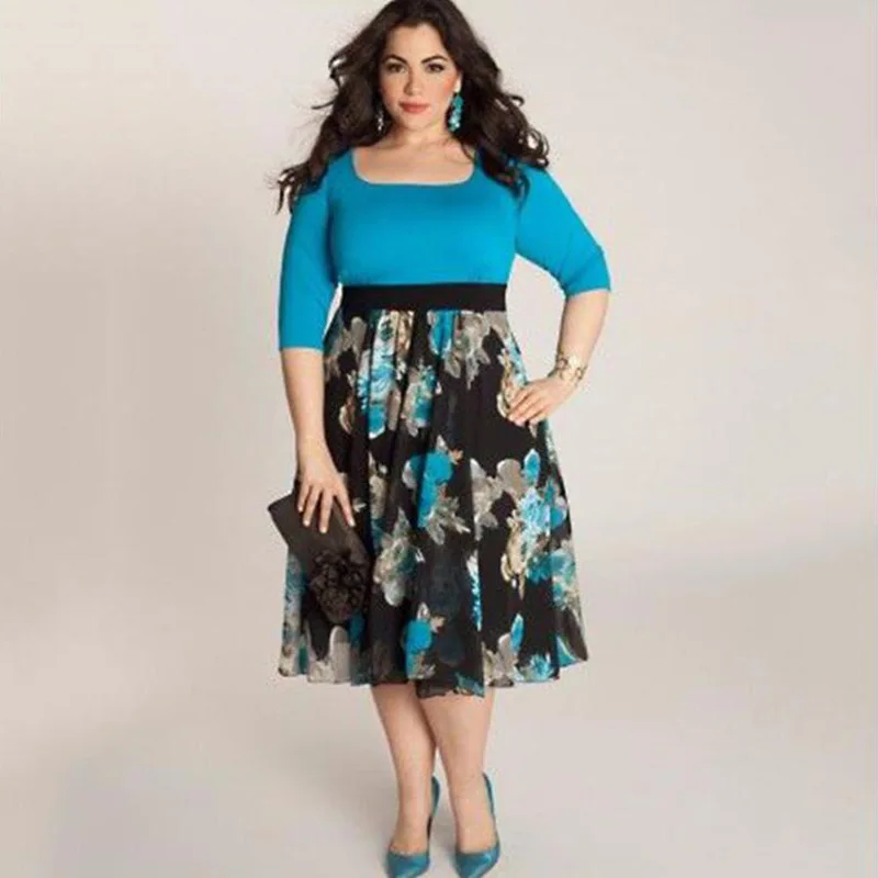 

6XL Large Size Autumn Dresses Women O-Neck 1/2 Sleeve Print Patchwork Swing Dress Plus Size Dresses For Women 4XL 5XL 6XL
