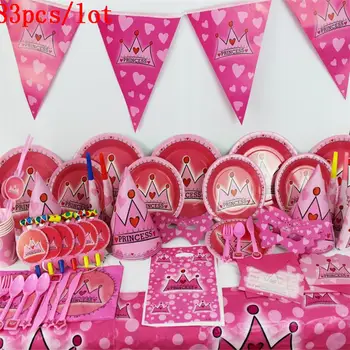 

83pcs/lot Delicate Happy Birthday Theme Party pink crown boy girl favorite cartoon disposable tableware 10 party