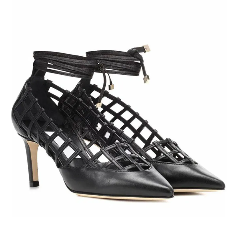 

Black Color Woman Pumps Ankle Lace Up Women Stiletto Sexy High Thin Heels Sapato Feminino Hallow Out Gladiator Lady Dress Office