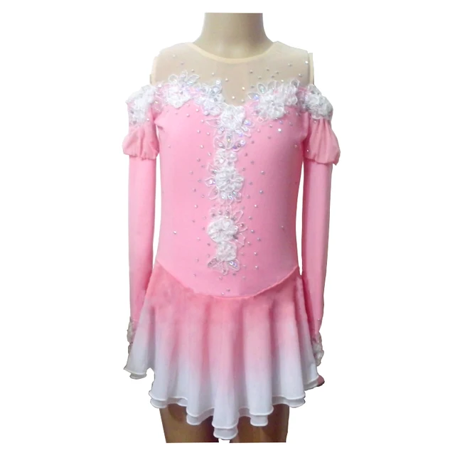Best price at $132 Cheap Customized Costume Ice Figure Skating Gymnastics Dress Competition Adult Child Girl Pink Skirt Off Shoulder White Border