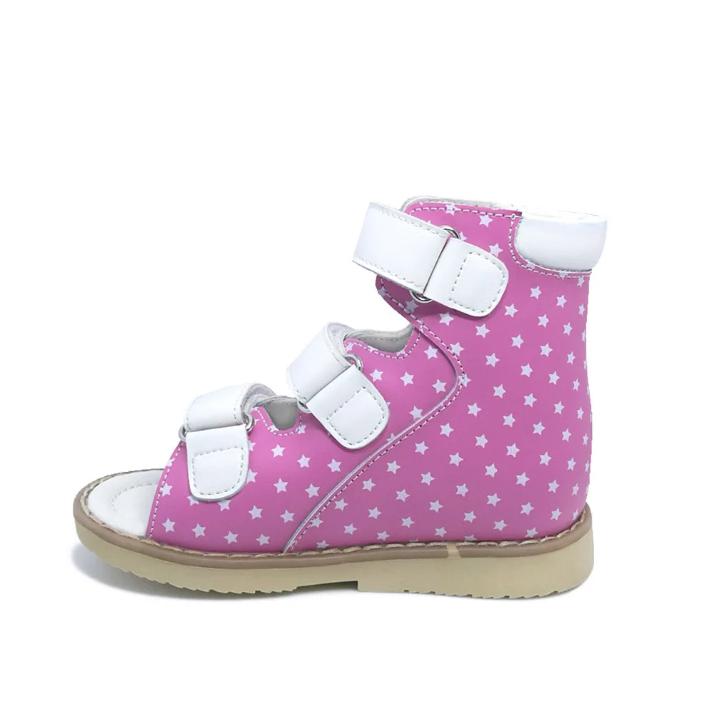 Детские ортопедические сандалии из натуральной кожи для девочек; детская обувь с высоким берцем и милыми звездочками в горошек для украшения