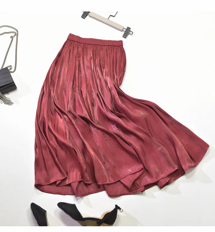 Spring New Korean Style Pleated Skirt Elastic Waist Pearl Luster Silk Slippery Faldas Largas Elegantes Free Shipping