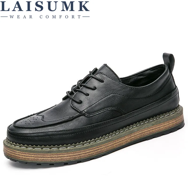 

2019 LAISUMK Men Bullock Shoes Spring Autumn New Fashion Men's Round British Business Flat Leather Dress For Man Shoes