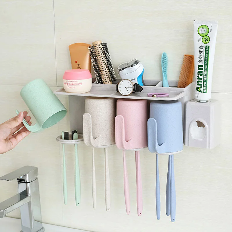 

4PCS Wash Cups Toothbrush Comb Storage Holder Set with Home Automatic Toothpaste Dispenser for Bathroom Organizer