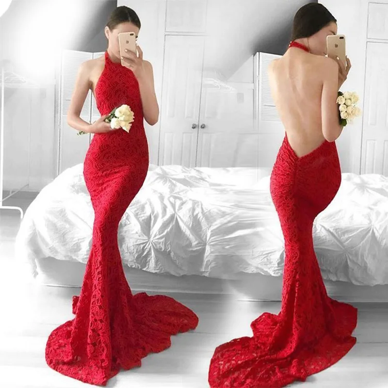 

Red Halter Evening Dresses 2019 Mermaid Sleeveless Backless Satin Lace Islamic Dubai Arabic Long Evening Gown Prom Dress