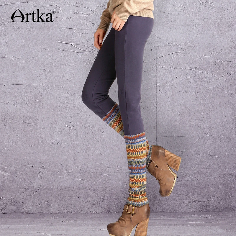 

ARTKA Women's Autumn Winter Vintage Elastic Collect Waist Contrast Color Patchwork Knit Slim Cotton Leggings KA10442Q