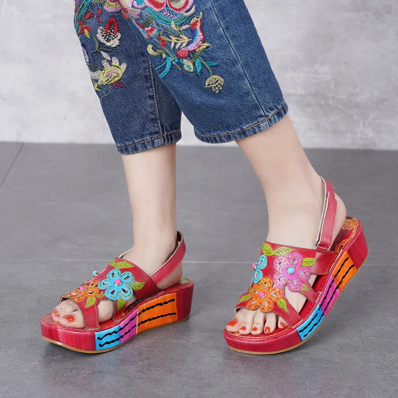 

Women Leather Sandals Heels Peep Toe 2019 Summer Shoes Ladies Casual Sandals Flower Red Handmade Genuine Leather Women Sandals