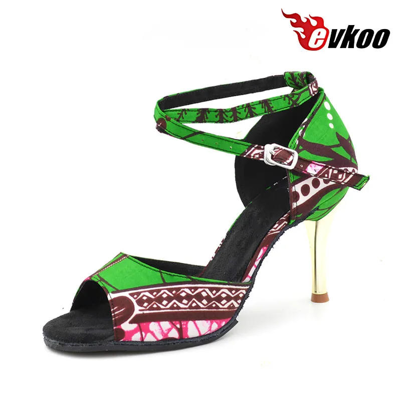 2017 Evkoodance 8cm 10cm Green Africa Print Soft Sole Satin Ballroom