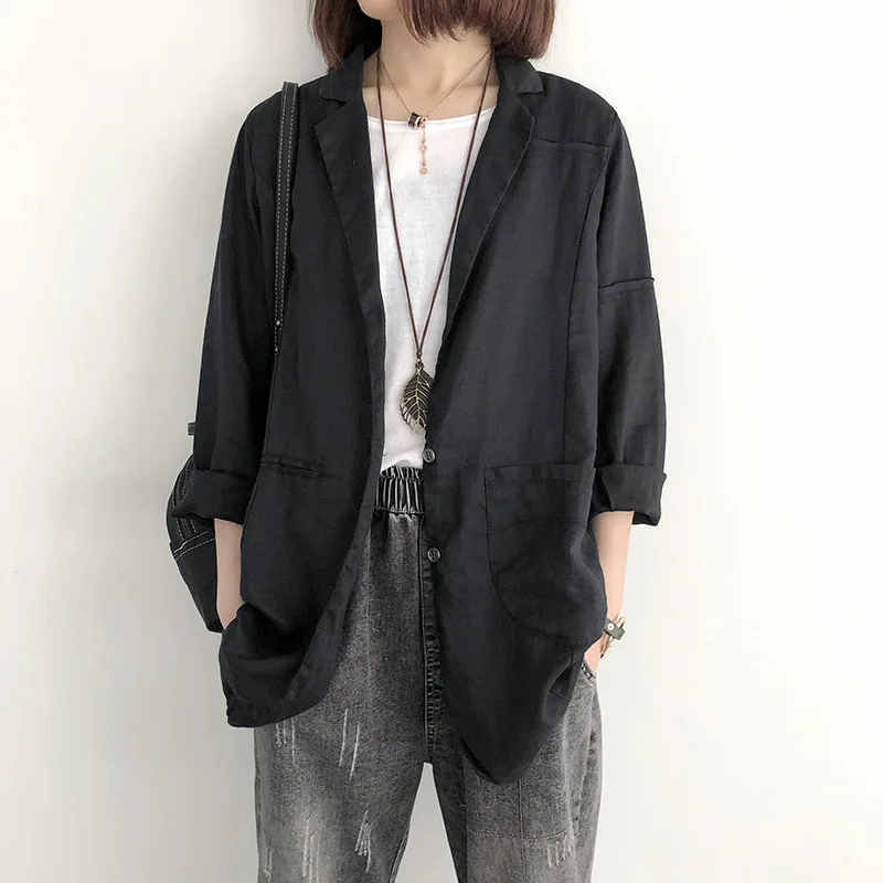 

2019 Loose cotton linen suit jacket female casual slim shirt Female Work Office Lady solid color Business cotton ladies blazer