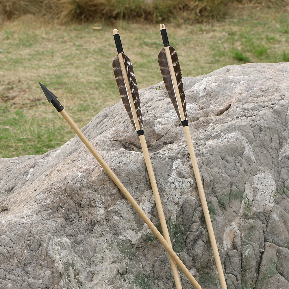 12Pcs Wooden Arrows 8MM Traditional Archery Recurve Bows Shooting Turkey Feather