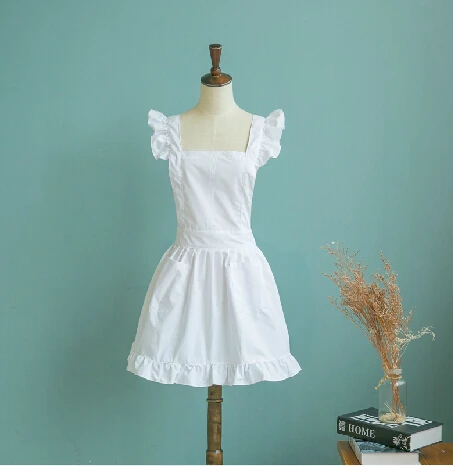 

Fashion Kitchen Apron Woman Pure Color Princess Salon Hairdress Ruffled Cross Back Cosplay White Cotton Apron Avental Pinaf