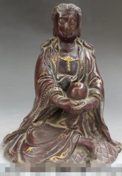 

S3055 9" Old Chins Purple Bronze Gold Seat Kwan-yin Bodhisattva Goddess Buddha Statue