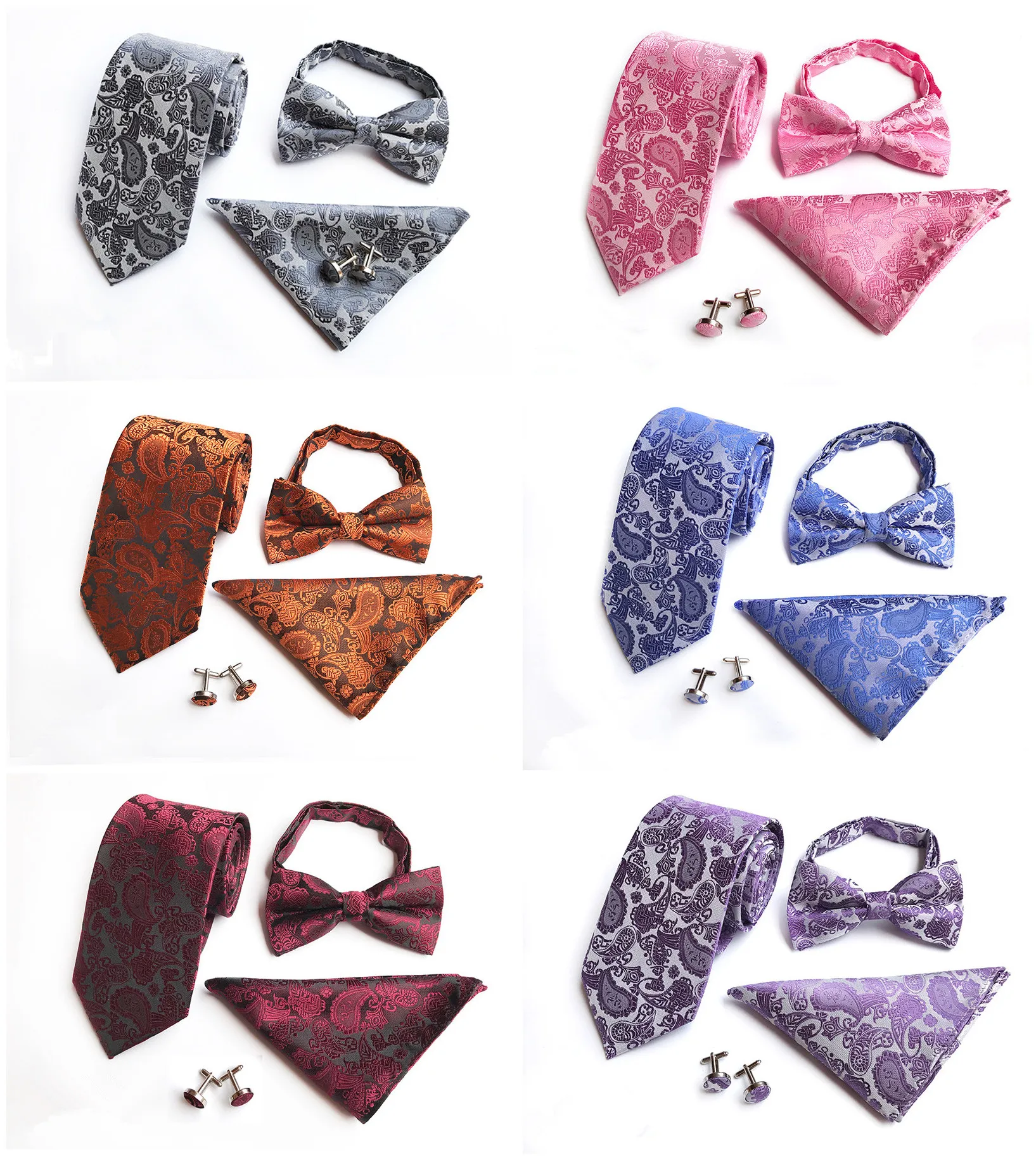 Fashion Unique Design Business Men's Tie Pocket Towel Cuffs 4 Piece Set Quality Polyester Silk Business Dress Accessories Set