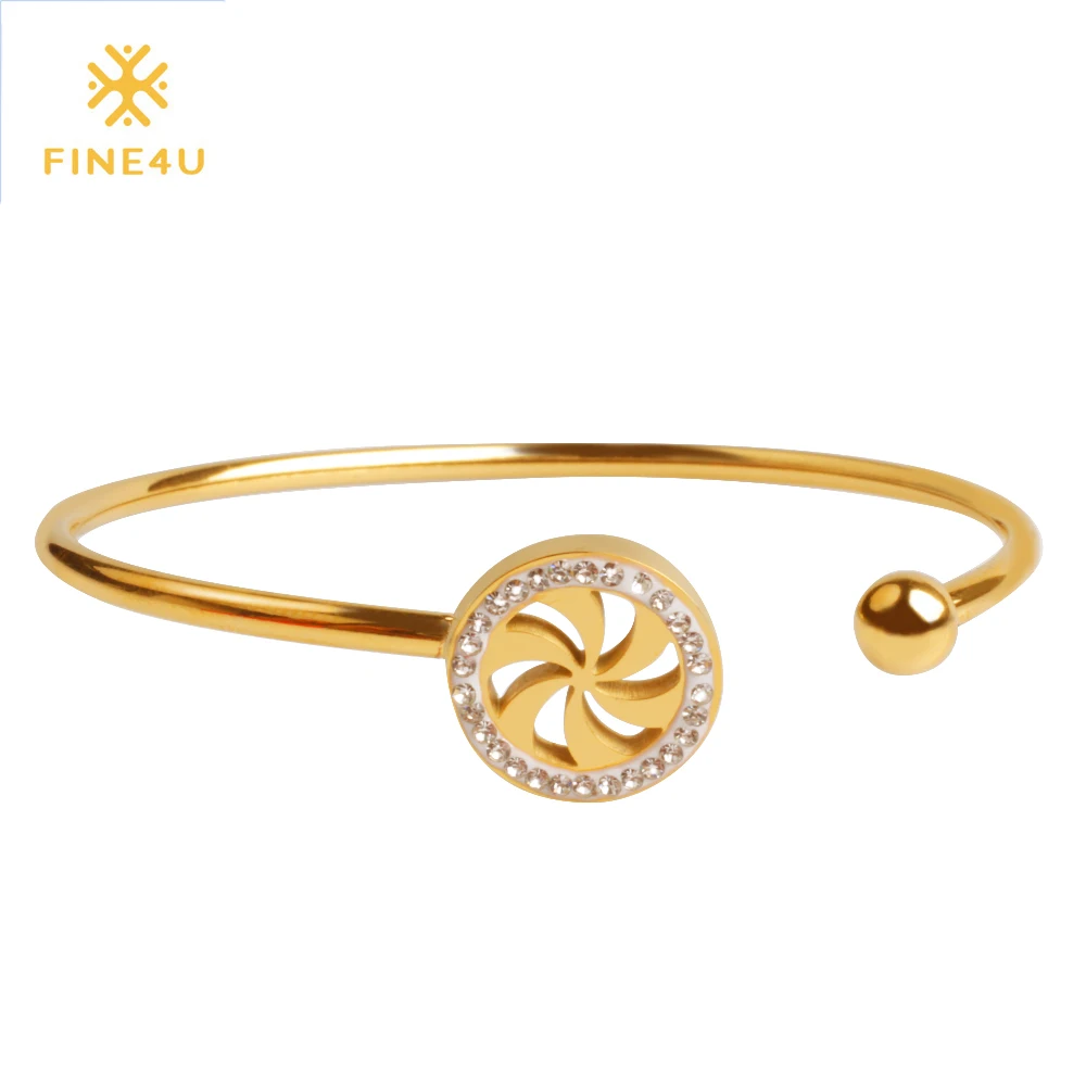 

2018 New FINE4U B037 316L Stainless Steel Cuff Bangle & Bracelet Gold Open Bangle Bracelet For Women Paved with CZ Bangles