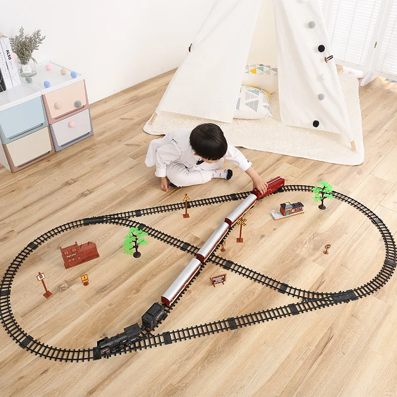 Simulation Electric Track Train Building Blocks Classical Locomotive Model Toy LED and Sound Retro Steam Train Toy For Children