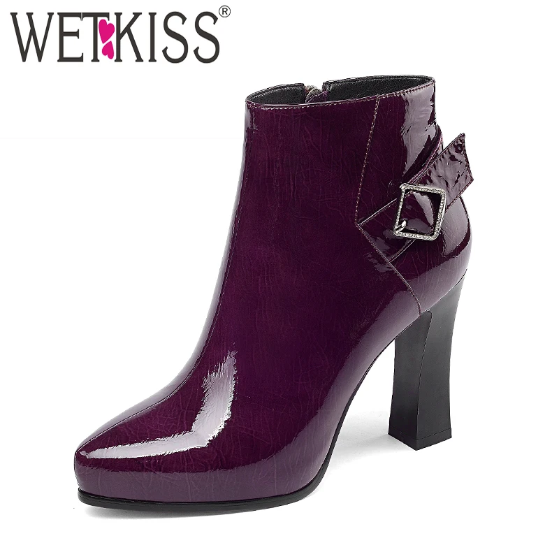 

WETKISS Patent Leather Ankle Boots Pointed Toe Zip Footwear Unusual High Heels Female Platform Boots Shoes Woman Winter 2018