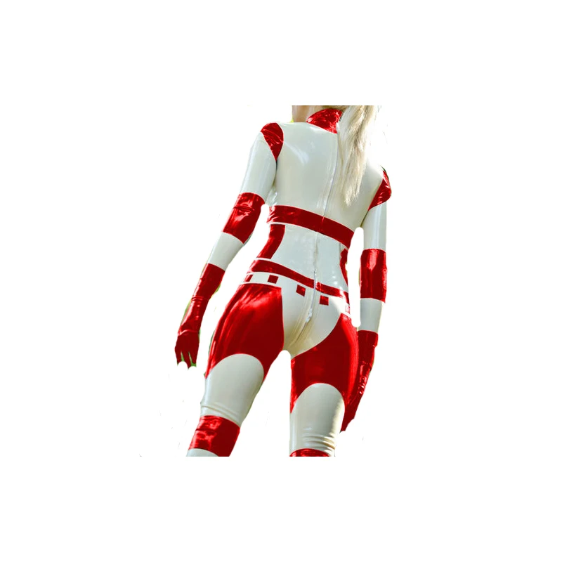 100% резиновый латексный костюм кошки красный и белый гоночный с перчатками Размер