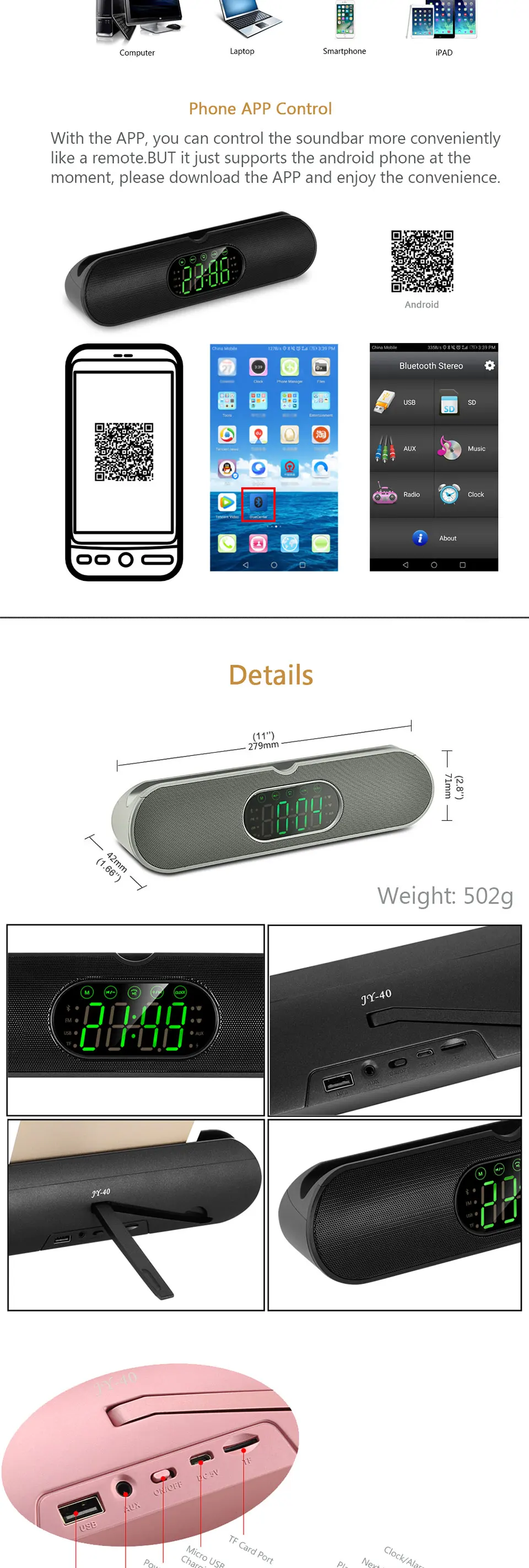XGODY JY40 Беспроводная портативная bluetooth-колонка с сенсорным экраном Aux-In Колонка плеер с tf-картой fm-радио Саундбар для ПК телефона