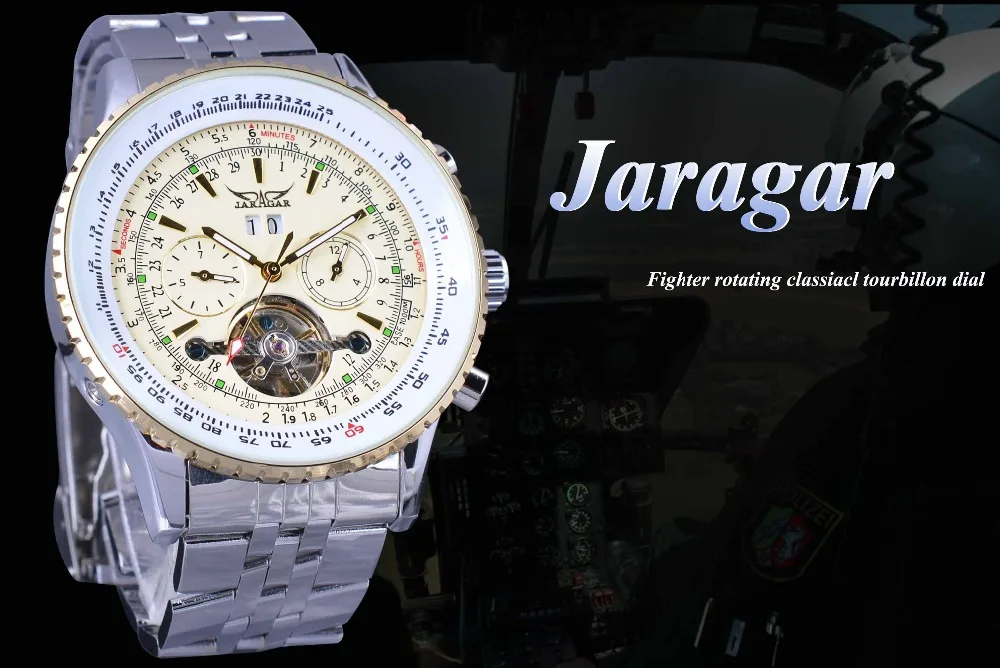 Jaragar Aviator Series Military Scale Yellow Elegant Dial Tourbillon Design Mens Watches Top Brand Luxury Automatic Wrist Watch