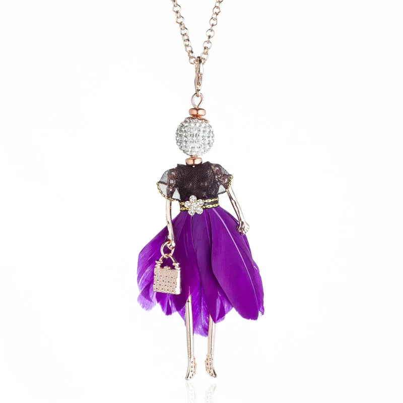 Кристалл Кукла Ожерелье для женщин 8 цветов Нерегулярные перо кулон платье ожерелье Золотая цепочка Стразы ювелирные изделия подарок для девочки Bijoux
