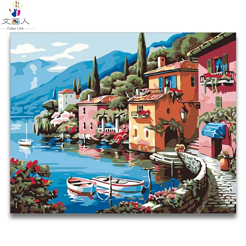

European Seaview series building painting by numbers with paint kits on canvas drawing for coloring by numbers living hoom decor