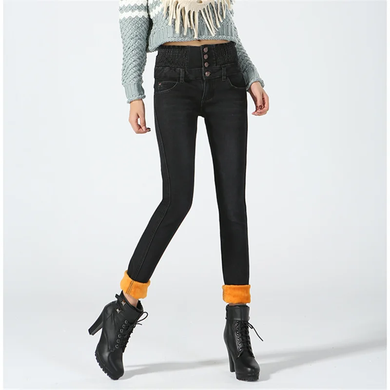 Теплые зимние джинсы плюс толстый бархат плюс размер 40 ряд пуговиц Высокая талия эластичные черные джинсы женские узкие джинсовые брюки карандаш