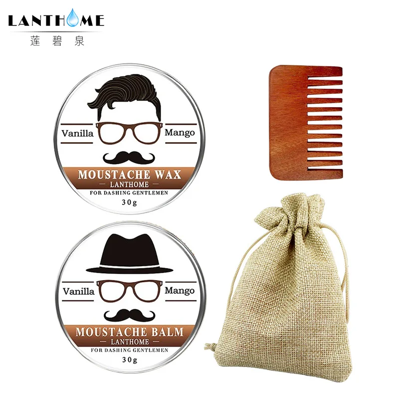Lanthome 3Pcs/set 100% Natural Beard Oil Balm Moustache Wax Grooming Moisturizing Effect Care With Comb Gift Sets | Красота и