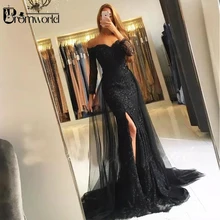 Black Muslim Evening Dresses 2020 Mermaid 3/4 Sleeves Lace Beaded Slit Tulle V-Neck Dubai Kaftan Saudi Arabic Long Evening Gown