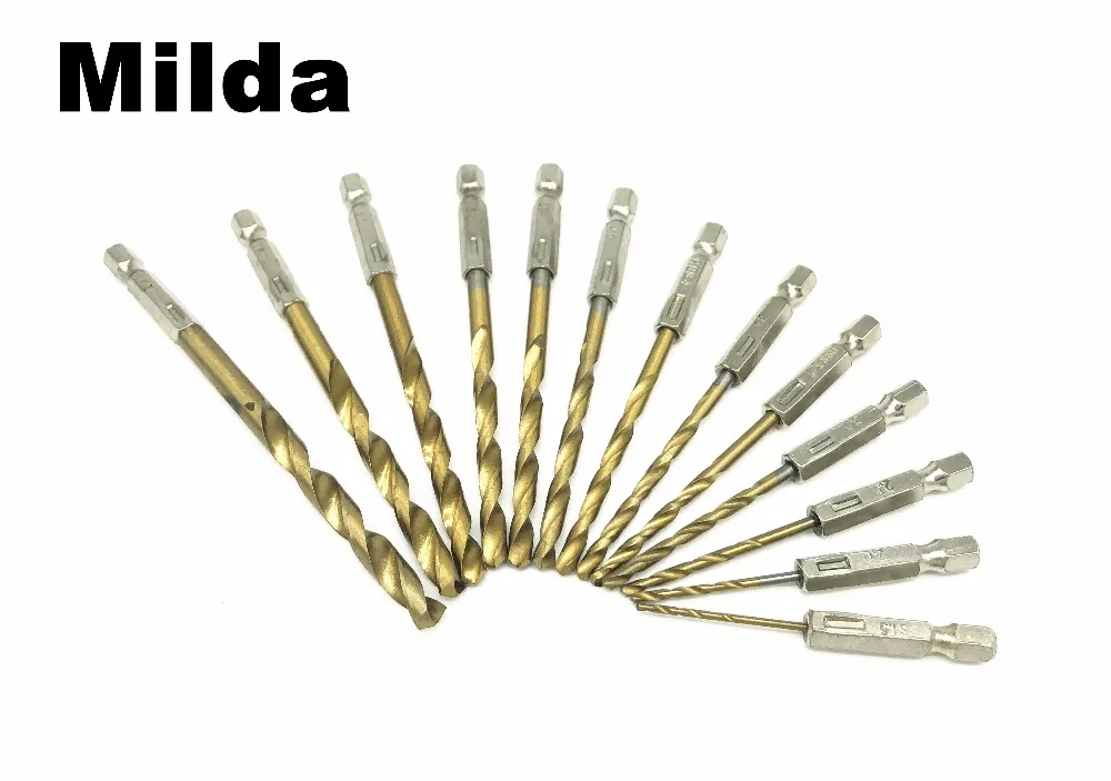 Milda 13PCS High Speed Steel Drill Bit Set Titanium Coated 1/4" for