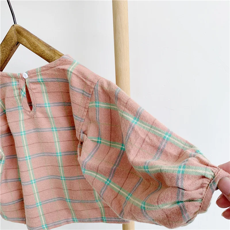 Милая модная клетчатая блузка в Корейском стиле для девочек детские свободные блузки из чистого хлопка с пышными рукавами От 1 до 5 лет