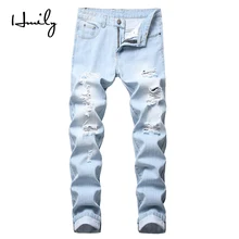 HMILY New Fashion Destroyed Jeans Men Long Trousers Straight Light Blue ripped distressed jeans masculino Denim Pants for Male straight leg light wash distressed jeans
