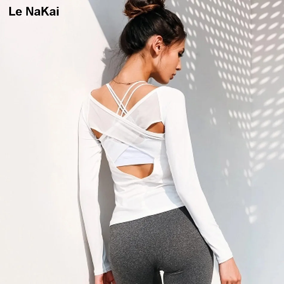 Buy Le NaKai Cross back Mesh yoga shirt Long sleeves White open back yoga top