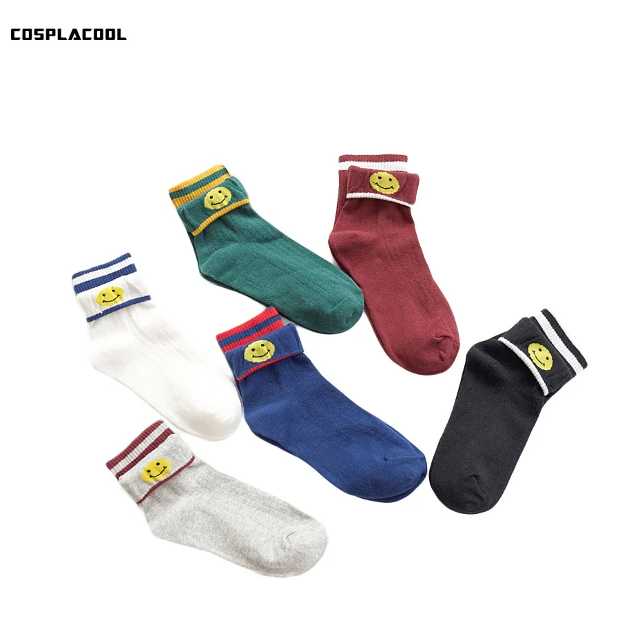 

[COSPLACOOL]Socks Women Personality Flanging Mouth Embroidery Emoji Jacquard Calcetines Japanese Harajuku Striped Cotton Sokken