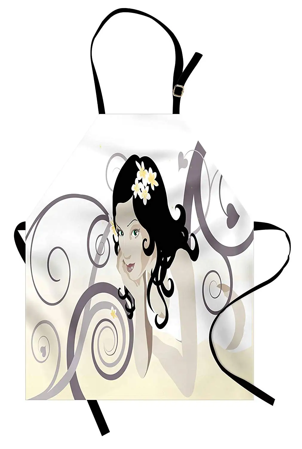 

Curly Hair Apron Young Woman with Daisy Flower Head Laying down among Big Swirls Spring Season Kitchen Bib Apron Cooking Baking