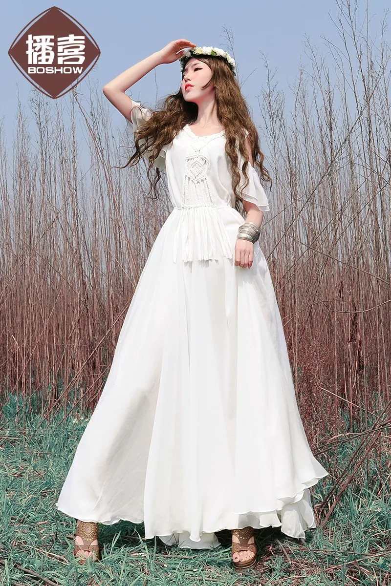 Весна Лето богемное белое шифоновое макси платье женское элегантное белое винтажное Ретро ручной работы бахрома Фея пляжное длинное платье халат