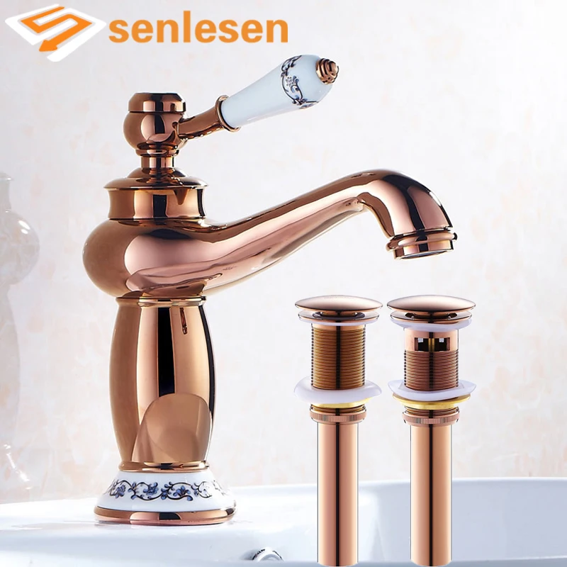 

Wholesale and Retail Free Shipping Basin Mixer Faucet Rose Gold Deck Mounted with Pop Up Drain