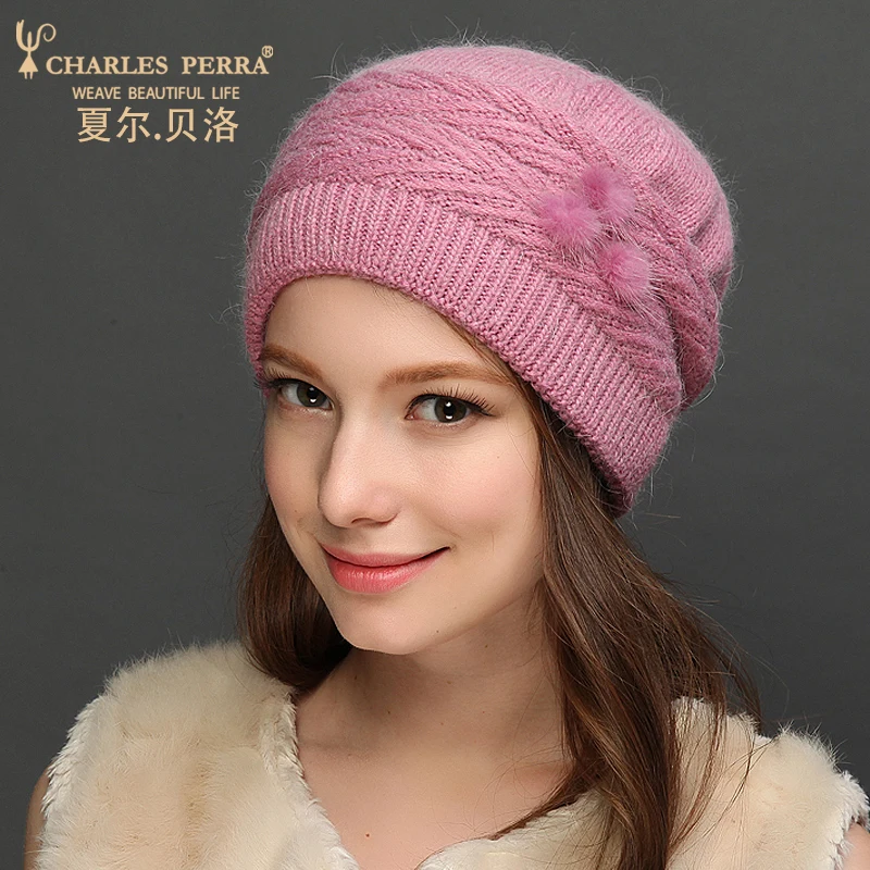 US $22.39 Charles Perra Women Wool Hats New Autumn Winter Rabbit Hair Knitted Caps Warm Protect Ear Casual Femal Skullies Beanies 7310