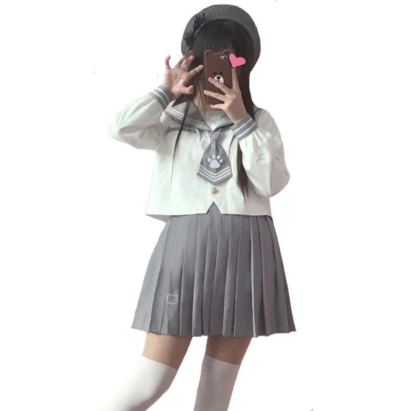 

Kawaii Cat Embroidery Women Tops and Blouses 2018 Japanese JK School Students Uniform Sailor Collar Lolita Girl Shirt Blouse