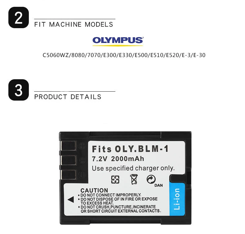 coin battery Dinto 2000mAh BLM-1 PS-BLM1 BLM1 PSBLM1 BLM-01 Battery for Olympus C5060WZ C-7070 C-8080 E300 E330 E500 E510 E520 E-3 E-30 lithium battery pack