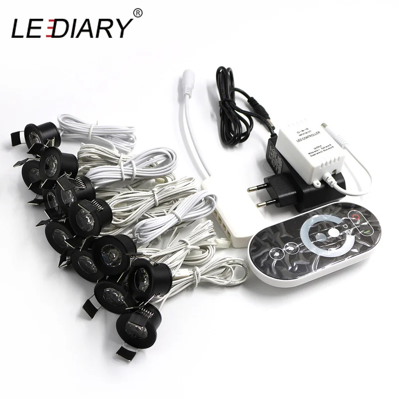 LEDIARY 12V Mini LED Spot Downlights Dimmable Lamp Set Remote Control Ceiling Recessed 1.5W 27mm Cut Hole Black Cabinet Lights