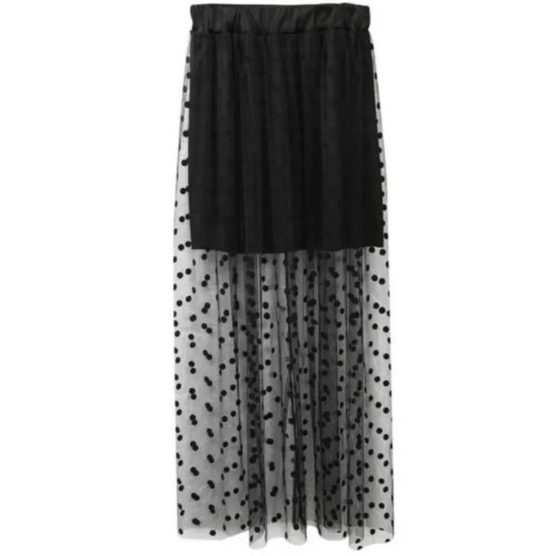 

Women Sexy High Waist Sheer Chiffon Mesh Tulle Lace Dots Gothic Long Maxi Skirt