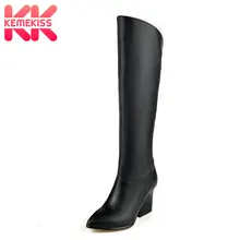 KemeKiss/женские ботфорты из натуральной кожи на высоком каблуке высокие сапоги зимние теплые сапоги; botas militares; обувь; R7494; Размеры 33-40